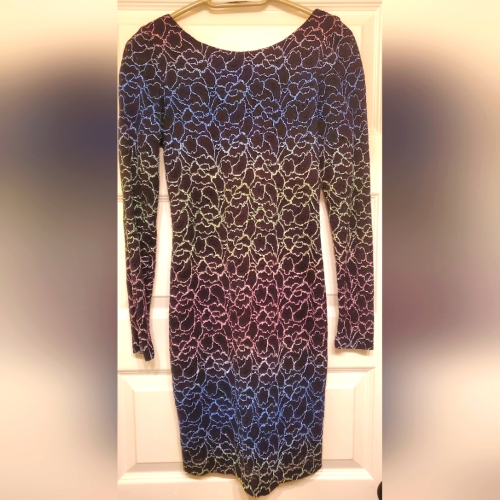 Embroidered lace pastel rainbow ombre long-sleeved bodycon dress EUC
